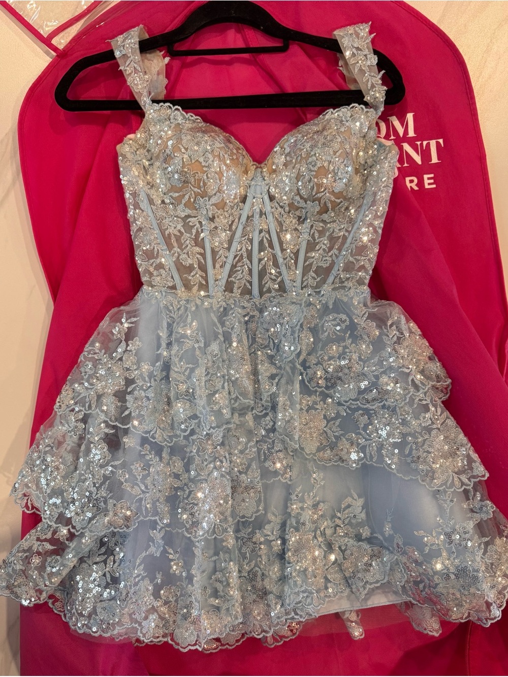 Sherri Hill Light Blue Sequin Lace Mini Prom Dress